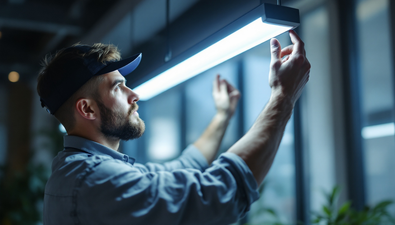 A photograph of a lighting contractor expertly installing or adjusting a sleek