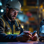 A photograph of a lighting contractor using a portable ultraviolet light in a work setting