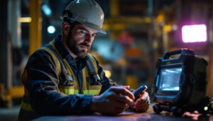 A photograph of a lighting contractor using a portable ultraviolet light in a work setting