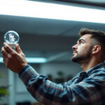 A photograph of a skilled lighting contractor installing or adjusting t12 fluorescent bulbs in a commercial or residential setting