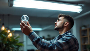 A photograph of a skilled lighting contractor installing or adjusting t12 fluorescent bulbs in a commercial or residential setting