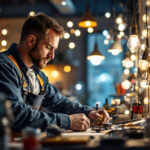 A photograph of a skilled lighting contractor at work