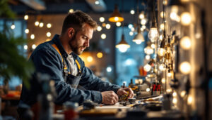 A photograph of a skilled lighting contractor at work