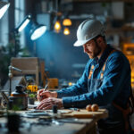 A photograph of a lighting contractor actively engaged in a project