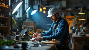 A photograph of a lighting contractor actively engaged in a project