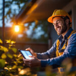 A photograph of a lighting contractor installing a solar-powered led light in an outdoor setting