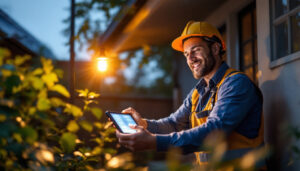 A photograph of a lighting contractor installing a solar-powered led light in an outdoor setting