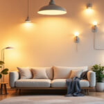 A photograph of a well-lit room showcasing various energy-efficient light fixtures