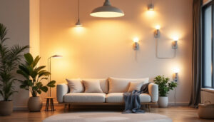 A photograph of a well-lit room showcasing various energy-efficient light fixtures