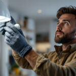 A photograph of a lighting contractor skillfully installing a gu24 bulb in a modern residential setting