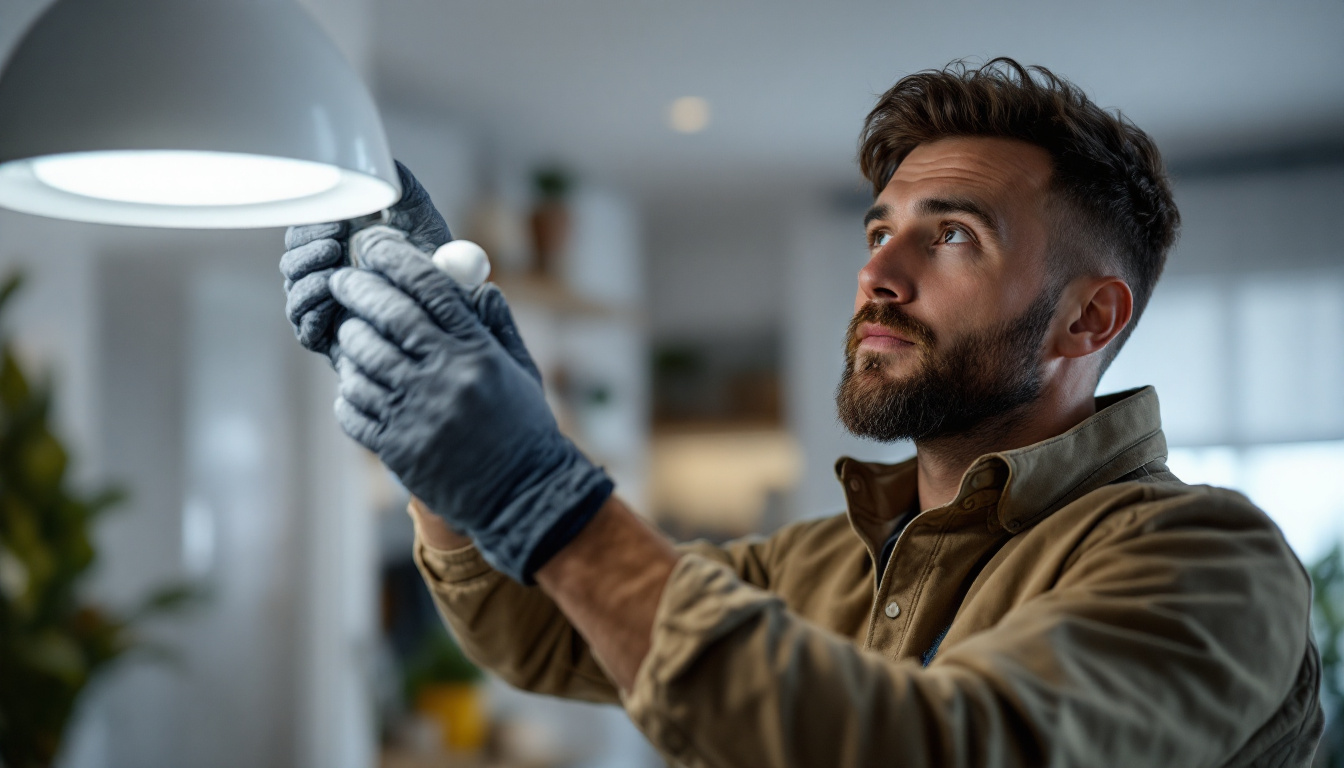 A photograph of a lighting contractor skillfully installing a gu24 bulb in a modern residential setting