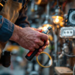 A photograph of a skilled lighting contractor installing weatherproof wire connectors in an outdoor setting