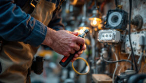 A photograph of a skilled lighting contractor installing weatherproof wire connectors in an outdoor setting