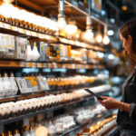 A photograph of a well-organized display of various light bulbs in a retail setting