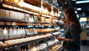 A photograph of a well-organized display of various light bulbs in a retail setting