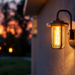 A photograph of a beautifully illuminated outdoor house light fixture at dusk