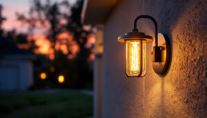 A photograph of a beautifully illuminated outdoor house light fixture at dusk
