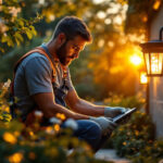 A photograph of a skilled lighting contractor installing elegant solar-powered outdoor lights in a beautifully landscaped garden during the golden hour
