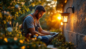 A photograph of a skilled lighting contractor installing elegant solar-powered outdoor lights in a beautifully landscaped garden during the golden hour