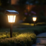 A photograph of a well-lit outdoor space featuring a stylish led solar power dusk-to-dawn spotlight illuminating a garden or pathway