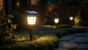 A photograph of a well-lit outdoor space featuring a stylish led solar power dusk-to-dawn spotlight illuminating a garden or pathway