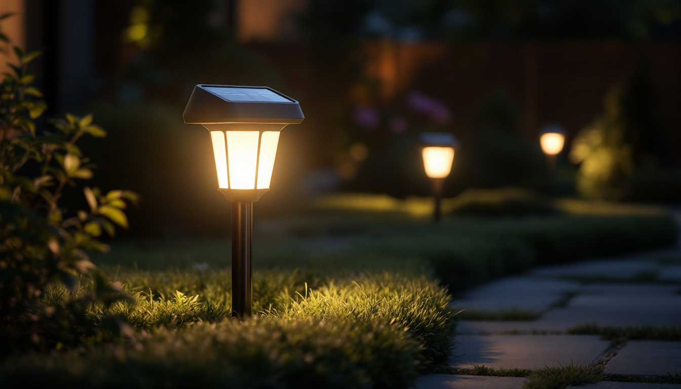 A photograph of a well-lit outdoor space featuring a stylish led solar power dusk-to-dawn spotlight illuminating a garden or pathway