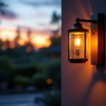 A photograph of a beautifully designed outdoor wall-mounted lamp illuminating a cozy patio or garden setting during twilight