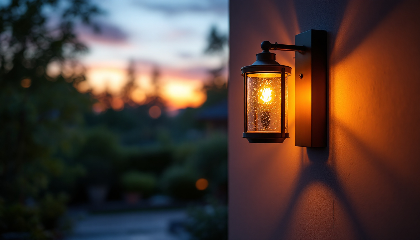 A photograph of a beautifully designed outdoor wall-mounted lamp illuminating a cozy patio or garden setting during twilight