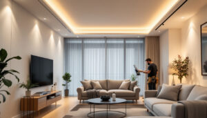 A photograph of a well-lit modern living space featuring stylish led recessed lights