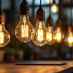 A photograph of a close-up of shatter-resistant light bulbs in a well-lit workspace