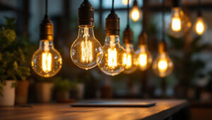 A photograph of a close-up of shatter-resistant light bulbs in a well-lit workspace