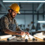 A photograph of a lighting contractor examining various fluorescent tube sizes and types in a well-lit workshop