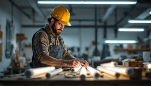 A photograph of a lighting contractor examining various fluorescent tube sizes and types in a well-lit workshop