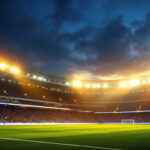 A photograph of capture a photograph of a modern stadium illuminated at night