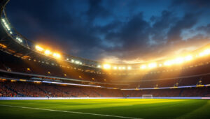 A photograph of capture a photograph of a modern stadium illuminated at night