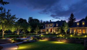 A photograph of a beautifully illuminated outdoor space at dusk