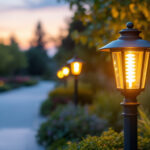 A photograph of a beautifully designed outdoor post lamp illuminating a landscaped garden pathway at dusk