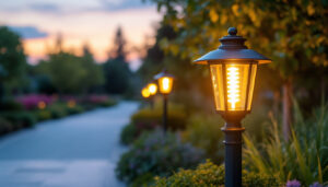 A photograph of a beautifully designed outdoor post lamp illuminating a landscaped garden pathway at dusk
