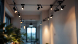 A photograph of a beautifully designed interior space featuring various track lighting systems in action