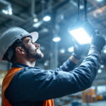 A photograph of a lighting contractor expertly installing industrial lighting fixtures in a large warehouse setting