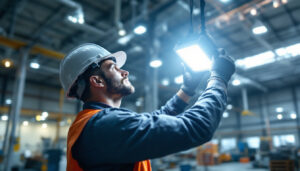 A photograph of a lighting contractor expertly installing industrial lighting fixtures in a large warehouse setting
