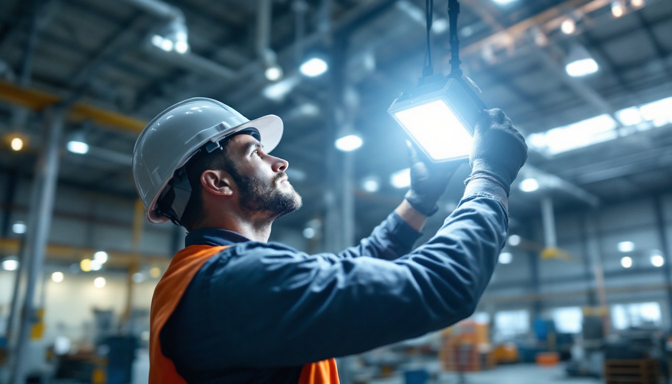 A photograph of a lighting contractor expertly installing industrial lighting fixtures in a large warehouse setting