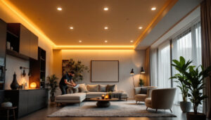 A photograph of a well-designed interior space featuring recessed lighting