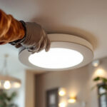 A photograph of a skilled lighting contractor installing a recessed light cover plate in a modern home setting