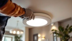 A photograph of a skilled lighting contractor installing a recessed light cover plate in a modern home setting