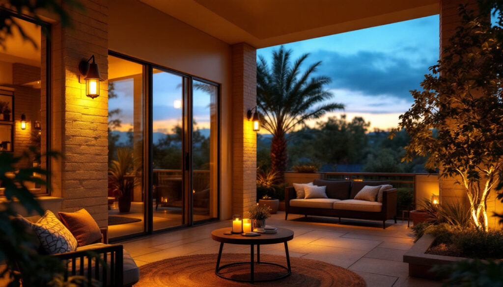 A photograph of a beautifully illuminated outdoor space featuring stylish lighting fixtures that enhance the ambiance of a home