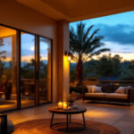A photograph of a beautifully illuminated outdoor space featuring stylish lighting fixtures that enhance the ambiance of a home