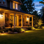A photograph of a beautifully illuminated outdoor yard at dusk