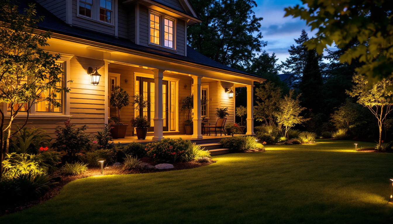 A photograph of a beautifully illuminated outdoor yard at dusk