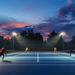 A photograph of a well-lit tennis court at dusk